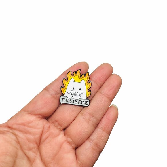 🤩This Is Fine Cat On Fire Sipping Tea Enamel Pin Animal Broch White Cat New Oz - Picture 2 of 6